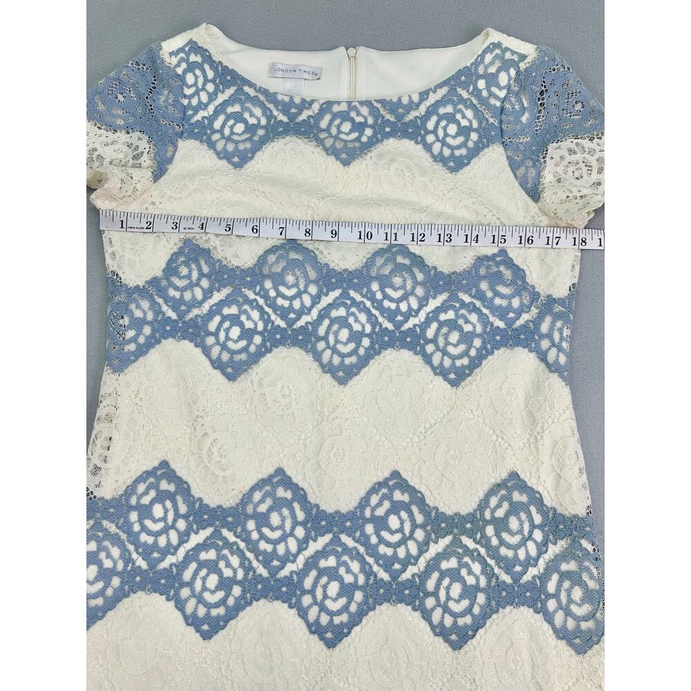 London Times Blue White Lace Sheath Dress Elegant Floral Crochet Overlay Size 6 - Picture 10 of 12